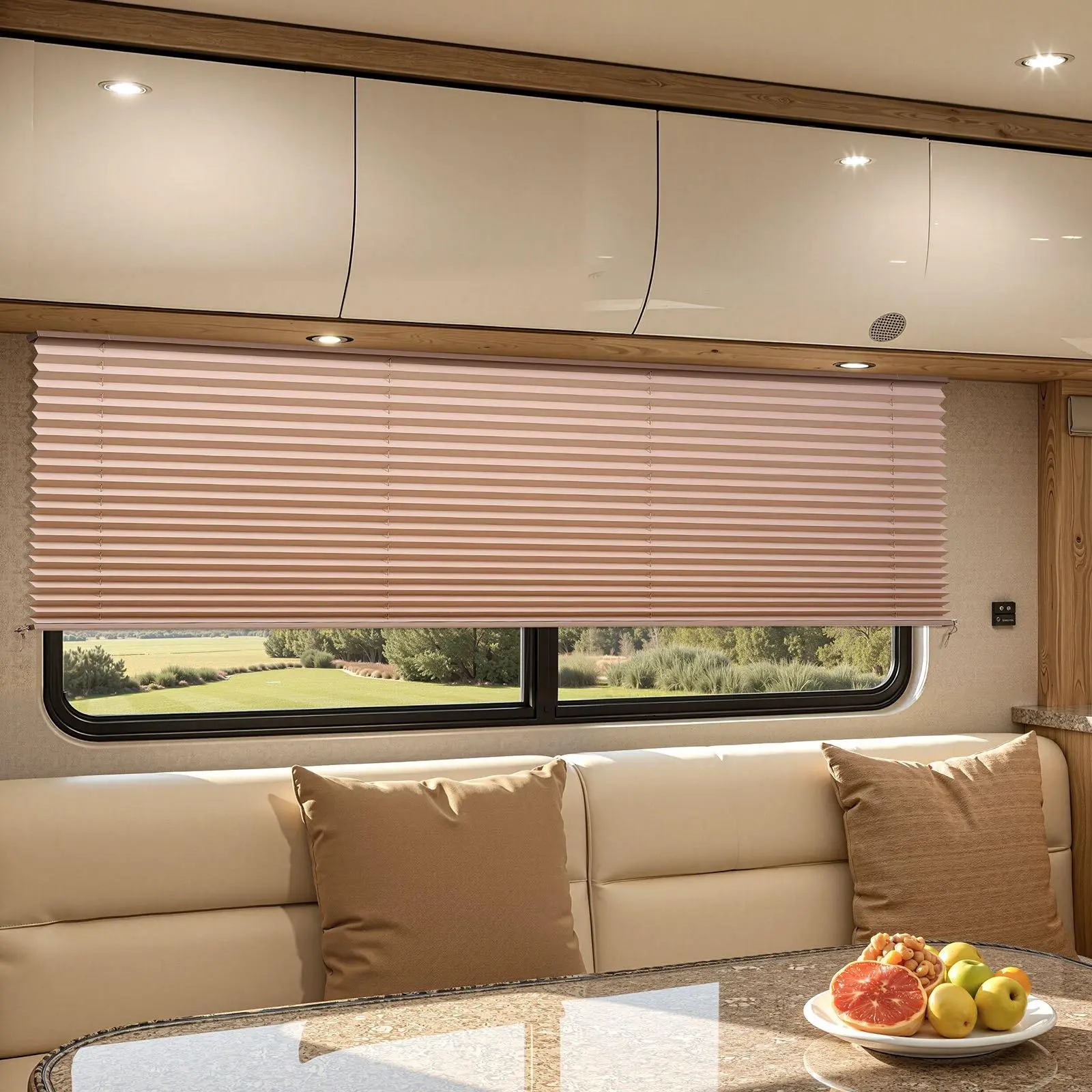 62 x 32 Inch Cappuccino RV Pleated Shades, 99% Sun Blocking Heat Insulation Window Blinds, High-Density 182GSM Polyester Privacy Shades, Corded Ring Lift Design, Easy Install & Clean Window Covers for Camper, Travel Trailer & Motorhome