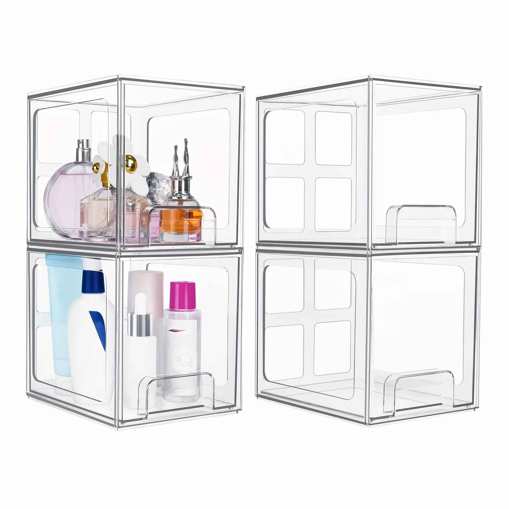 4 Pack Stackable Storage Drawers, 7.5"D X 6"W X 6.6"H Acrylic Bathroom Makeup Organizers, Clear Plastic Storage Bins for Vanity, Perfume Organizer