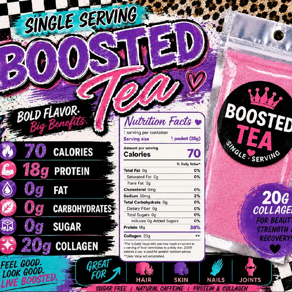 Boosted Loaded Tea. Our original loaded tea with boosted with collagen and Energy. SIGN ME UP!!! 10 G added protein. On the go beverage mix
