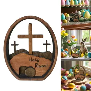 Easter Multi-Layered Wooden Cross Tray, Easter Egg Craft Decorative Ornament, Layered Plate for Easter Decoration