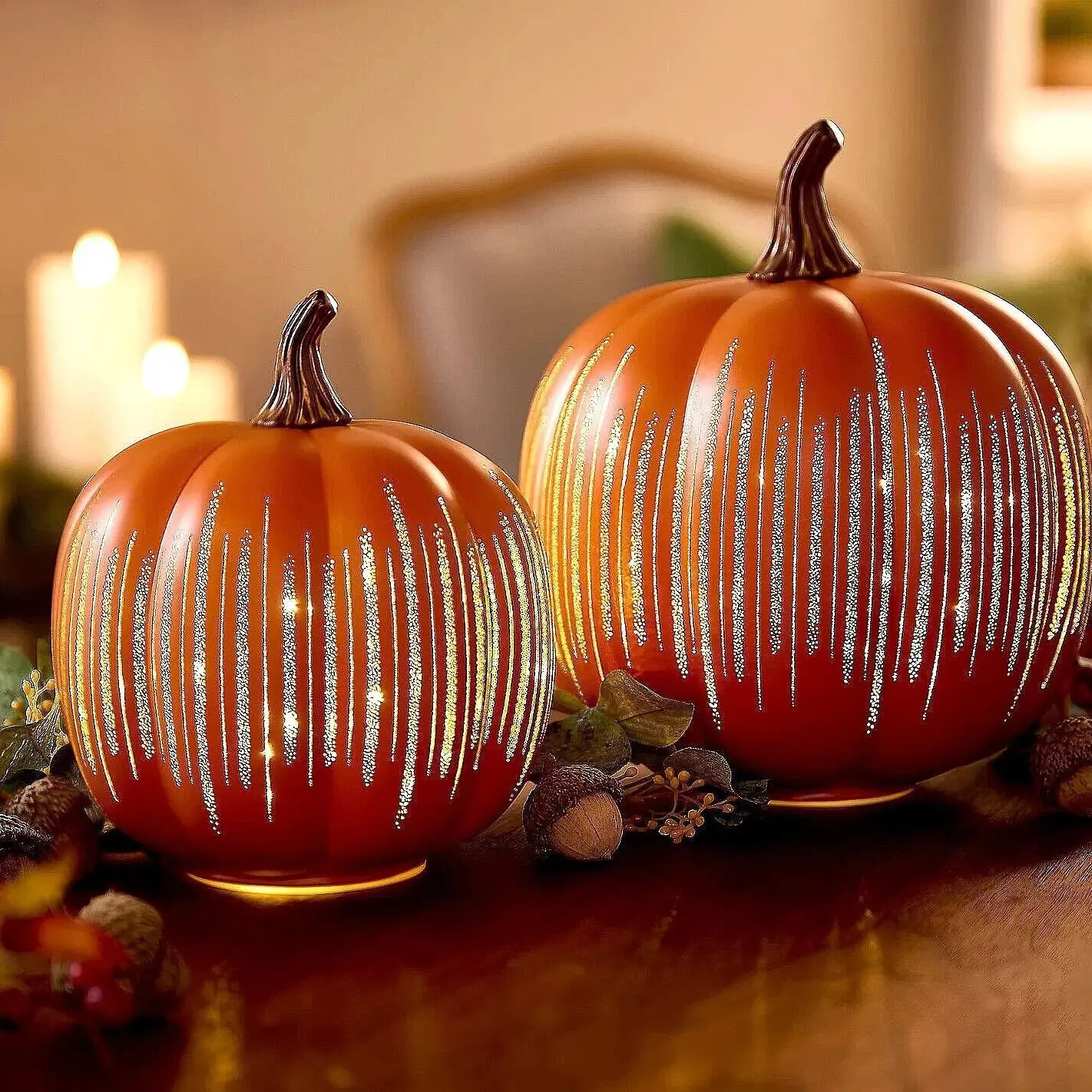Luminous Pumpkin Shape Resin Shell Decor, Battery-Powered Warm LED Ornament with Glitter Vertical Lines, 2 Sizes Vintage Glow Table Decoration for Halloween & Thanksgiving Home-Party Supplies.Without battery, the battery needs to be prepared by oneself