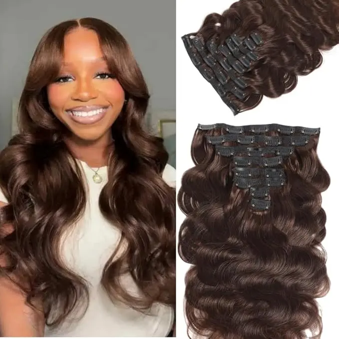 BINF Clip In Hair Extensions Real Human Hair #2 Medium Brown 120g Seamless #2 Body Wave Clip In Extensions Black Women 8 Pcs 20 Clips Soft Double Wefts
