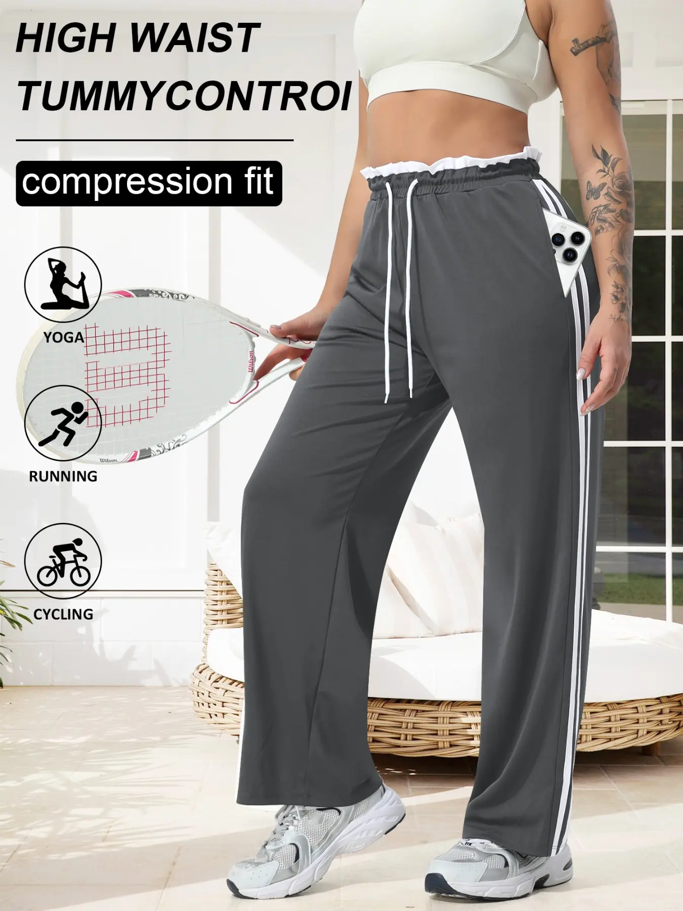Women's Plus Size Striped Wide Leg Baggy Loose Pants, Bottom, Side Pockets, Elastic Waist with Drawstring, Adjustable, Soft High Stretch Fit, Casual Everyday Daily Wear, Activewear, Athletic, Casual Workout Pants