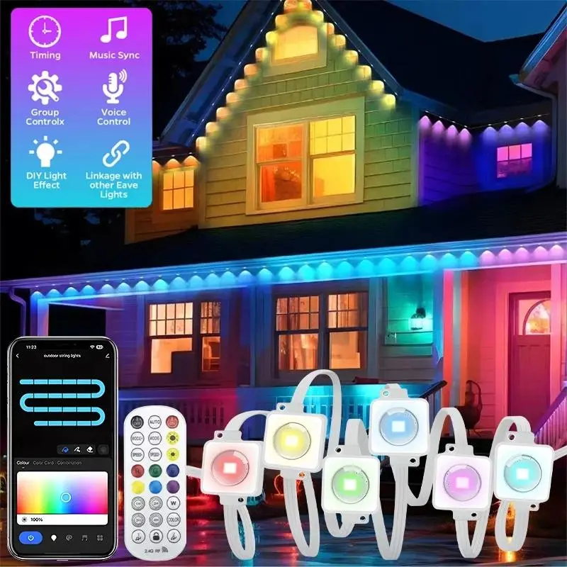 RGBIC Outdoor Eaves LED Lights Waterproof IP67 RGB String Lights for DIY Decor Christmas Holiday Party Event Lighting Permanent Weatherproof Color Changing Multi-Length Options for Roof Garden Rgb Colorful Led