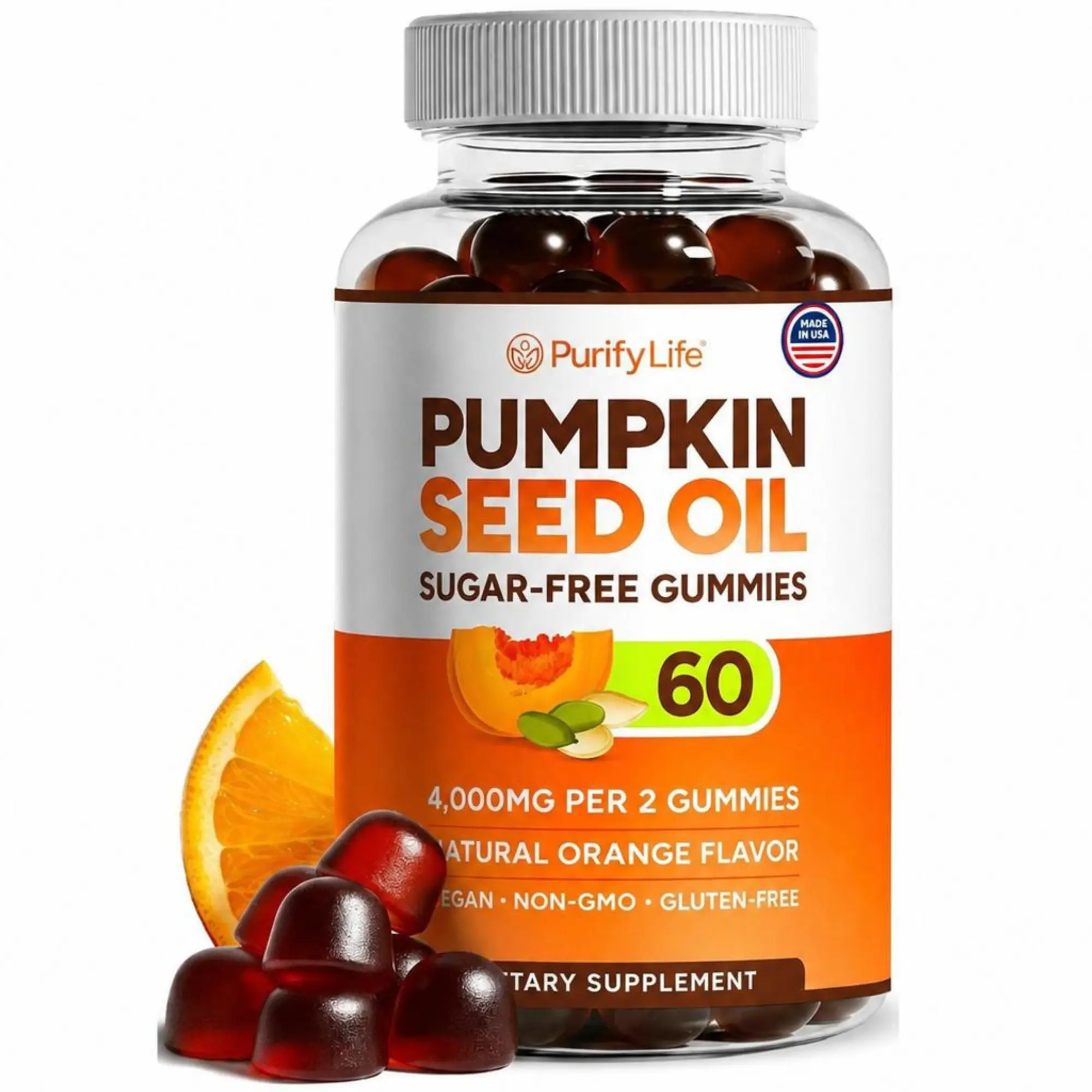Purify Life | Sugar-Free Pumpkin Seed Oil Gummies - 4000mg/Serving, 60ct, Pumpkin Seed Oil Complex, Natural Orange Flavor, Vegan Healthcare Supplement for Hair, Skin, Nails