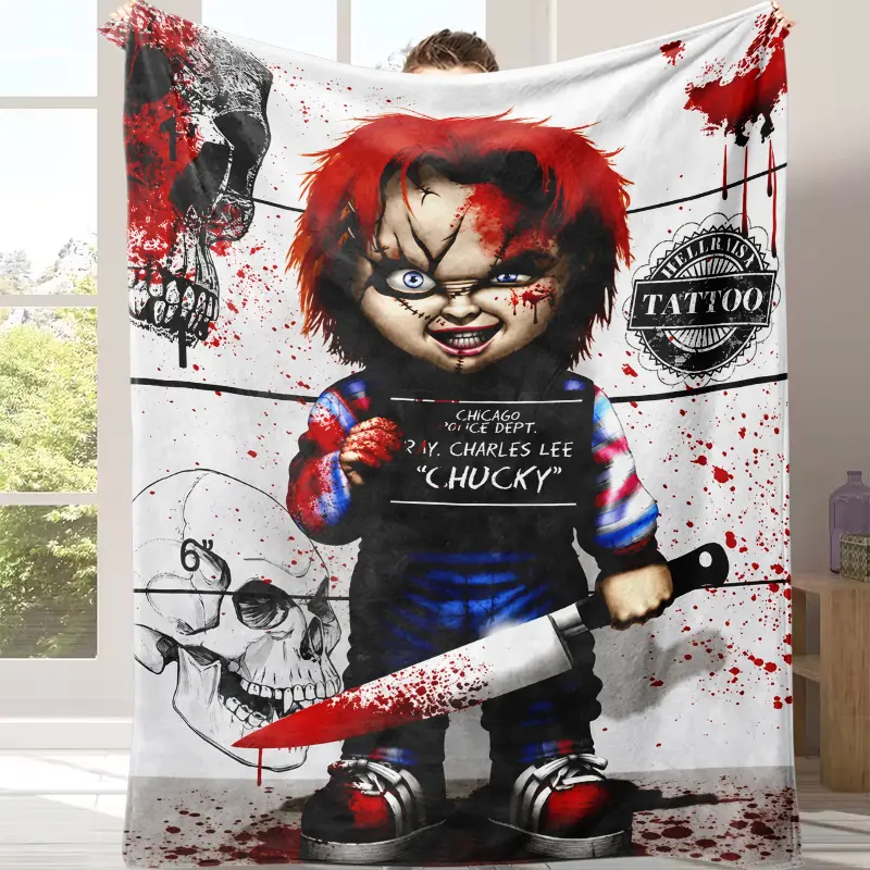 Chucky Horror Movie Print Flannel Throw Blanket Ultra Soft Warm Light Weight All Season Cozy Bed Cover Spooky Creepy Halloween Aesthetic Merch Gift For Horror Fans Bedroom Sofa Camping Home Bedding Decor