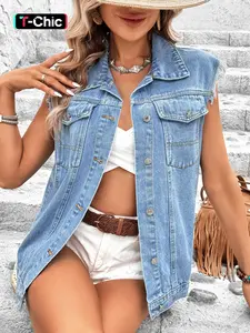 Elegant Collar Sleeveless Denim Vest for Women, Stylish Casual Streetwear for Commuting, Versatile Chic Look for Everyday Womenswear Tops