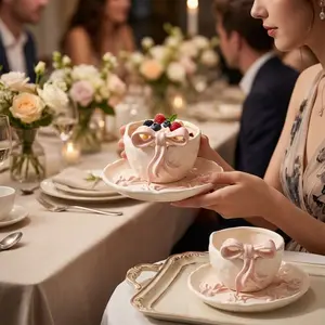 Ceramic Bowl Hand-Drawn Bow Design, Luxurious Tableware, Girl Heart Style, Elegant Dinnerware, Perfect for Special Occasions