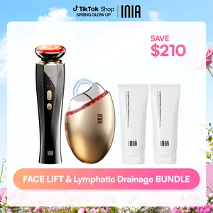 INIA GLACE & FLARE Bundle – All-in-1 Face & Neck Sculpting Beauty Device for Lymphatic Drainage with Microcurrent Lifting, Lift, Tighten, De-Puff, Serum Infusion, Red & Blue Light, Thermal & Cryo Therapy, Buy 1 Get 4, Ideal Gift Set