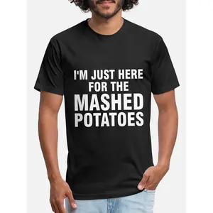 Men's Short-Sleeve Round Neck Cotton Blend Graphic T-Shirt - Funny "I'm Just Here for the Mashed Potatoes" Print, Casual Streetwear Black Menswear Top, Shortsleeve, Graphic T Shirts