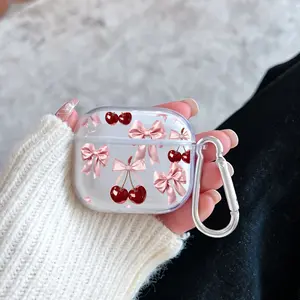 Cherry Bows Pattern Protective Case for AirPods 4/3/2/1/Pro/Pro2 Soft TPU Earphone Cover, Transparent with Keychain