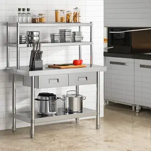 YITAMOTOR 48" × 24" Stainless Steel Table with Overshelves and 2 Drawers, NSF Work Table with 48" X 12" Shelf & 3 Drawers, Metal Table Prep Table for Home Kitchen Restaurant Garage Warehouse