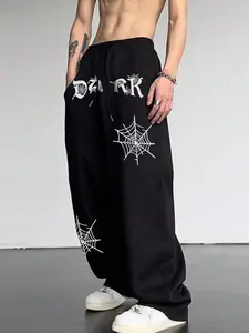 Men's Y2K Grunge Black Baggy Sweatpants with Gothic Spider Web Print - Oversized Dark Aesthetic Streetwear Joggers for Harajuku Hip Hop Outfits