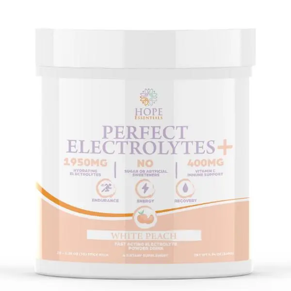Hope Essentials Perfect Electrolytes+ White Peach 20 Stick Packs 1950mg Electrolytes 400mg Vitamin C No Sugar Gluten Free Fast-Acting Electrolyte Powder Drink