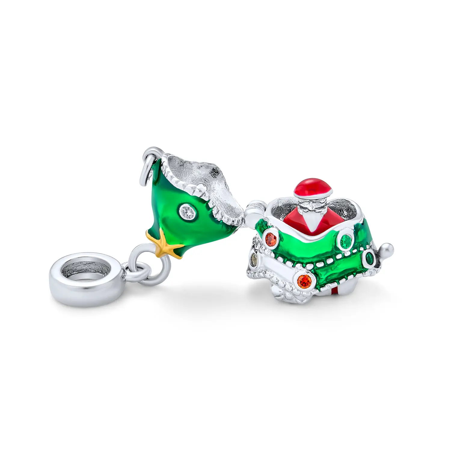 .925 Sterling Silver Green Christmas Tree Hidden Santa Claus Locket Dangle Charm Bead