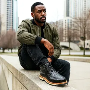 Men's Black Glazed Alligator Leather Goodyear Welt Ankle Boots with Non-Slip Foam Rubber Sole