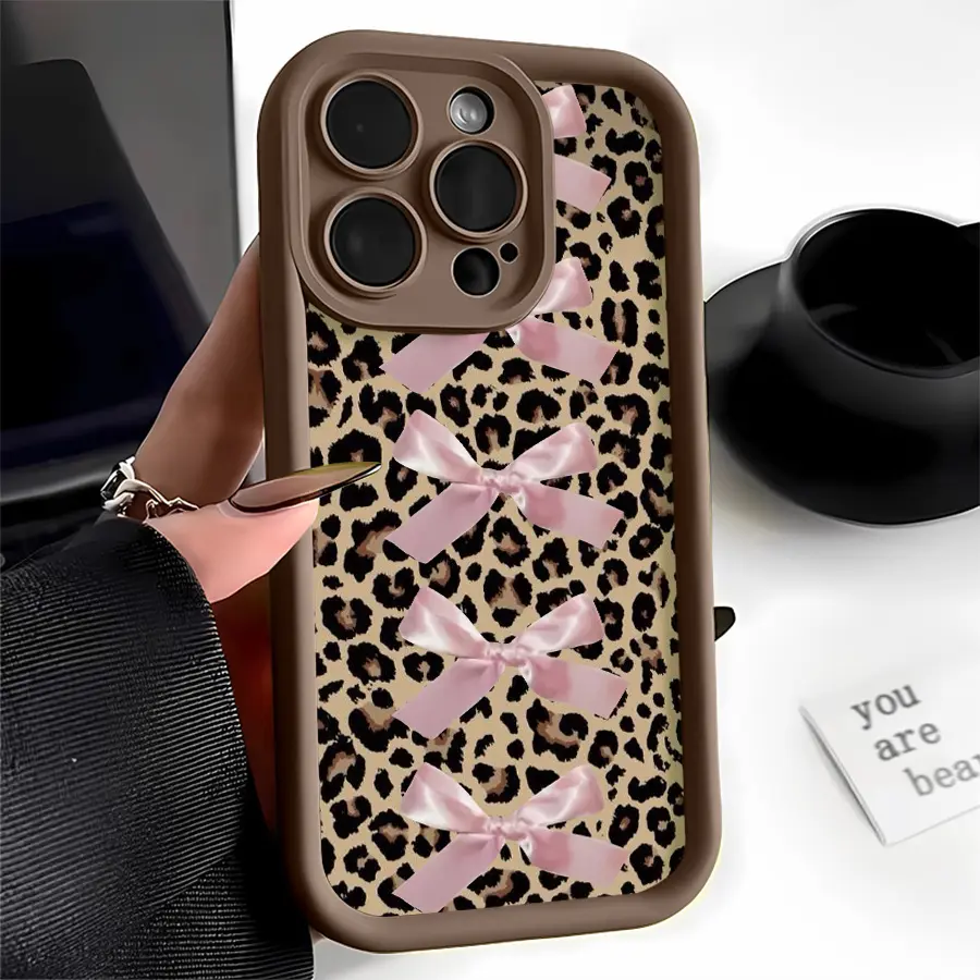 Leopard Print Silicone Cellphone Case with Pink Bows - Soft Shockproof TPU Rubber Protector for iPhone 17 Pro Max Line,16,16e,15,14 Plus,13,12 Mini,11,Air,X,XS, with Shockproof Edge, Form-Fit Cutout & Camera Protection