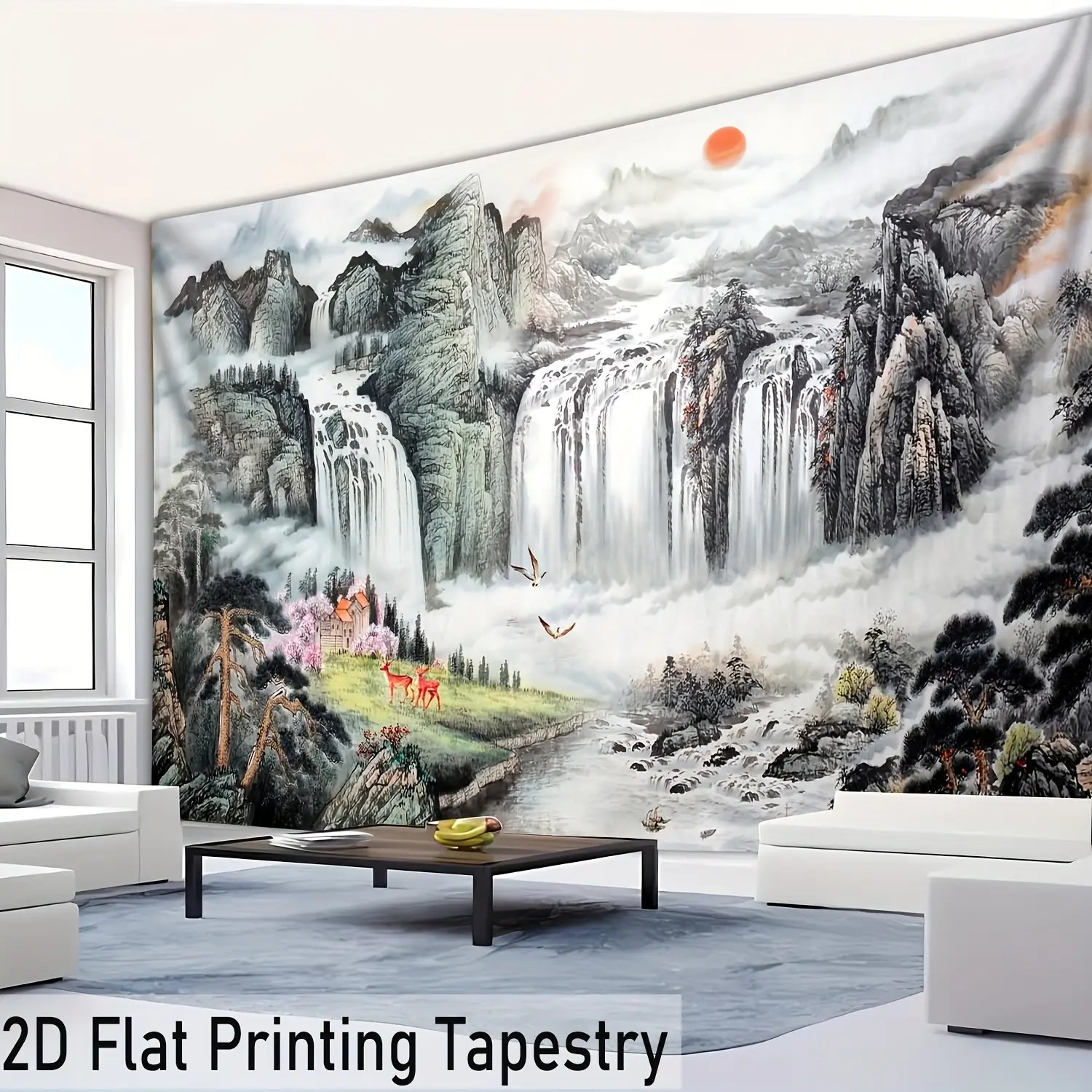 Ink Art Landscape Print Polyester Tapestry - HD Printing, Multi-Size, 50*60in & 60*80in Options, Home Supplies, Indoor Decor, Free Clips