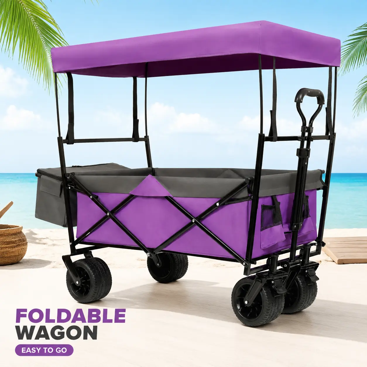 littleox 480Lbs Collapsible Wagon with Canopy,Wagon Stroller with 7" All-Terrain Wheels, Lightweight Foldable Wagon, Large Capacity for Camping, Shopping, Sports, and Garden Use,purple with mosquito net