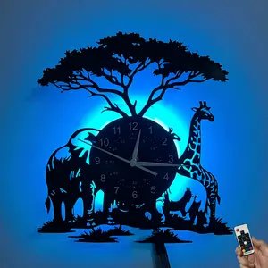 Vinyl wall clock, with colorful LED lights on the back, capable of changing to various colors. Forest animal theme. Suitable for home decoration, hotel decoration, company decoration, birthday gifts, festival gifts, graduation gifts, and art collection.