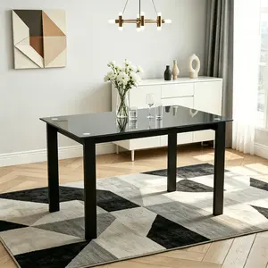 Tempered Glass Dining Table 47 Inch - Black Modern Kitchen Table for Small Spaces, Easy-Clean Rectangular Table for Living Room, Apartment