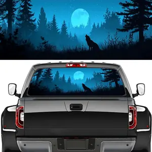 Watercolor Wolf Truck Back Window Graphics Decals, Moon Abstract Forest Animals Howling Universal See Through Rear Window Vinyl Wrap Full Window Decals for Trucks SUV 66 x 22 inch