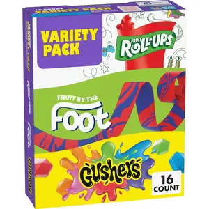 Snacks Variety Pack - Fruit Roll-Ups, Gushers, Gluten Free Gummy Kids Snack, Good Source of Vitamin C, 16 Individually Wrapped Pouches, Perfect for On The Go, 10.2 oz Box