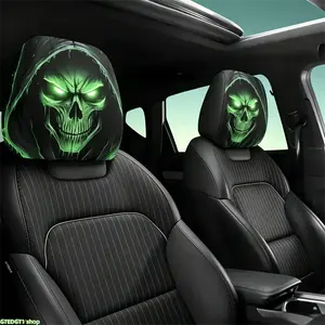 2 PCS Gothic Style Black Base Green Glowing Hooded Skull Print Car Headrest Covers, Universal Elastic Soft Headrest Protector, Spooky Horror Reaper Pattern Auto Seat Head Rest Covers for SUV, Truck, Sedan