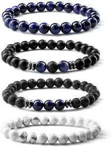 3-4 Pcs Mens Bracelets 8MM Natural Stone Beaded Bracelets Set Tiger Eye Bracelet for Men Adjustable Stretch Lava Rock Black Crystal Beaded Bracelets Father's Day Mens Jewellery Gifts Beads Bracelets