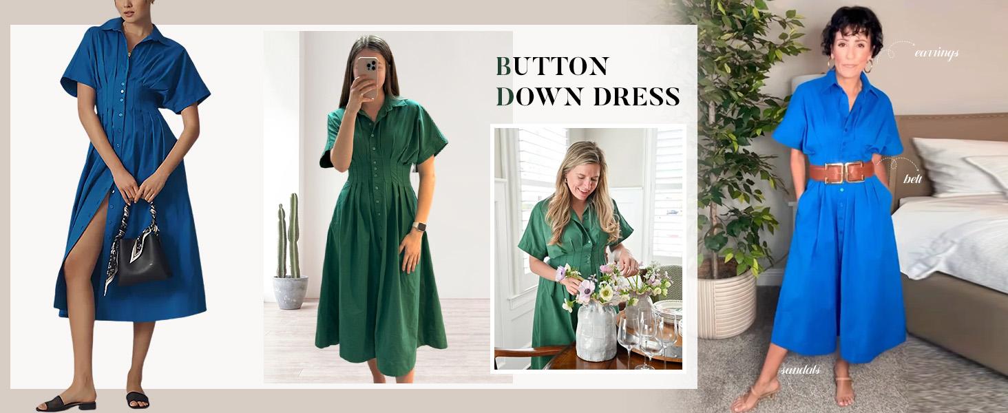 Yeokou Women's Button-Down Shirt Dress - Short-Sleeve, Loose, Pleated Maxi Sundress with Pockets, Basic Casual Wear for Summer, Women's Clothes