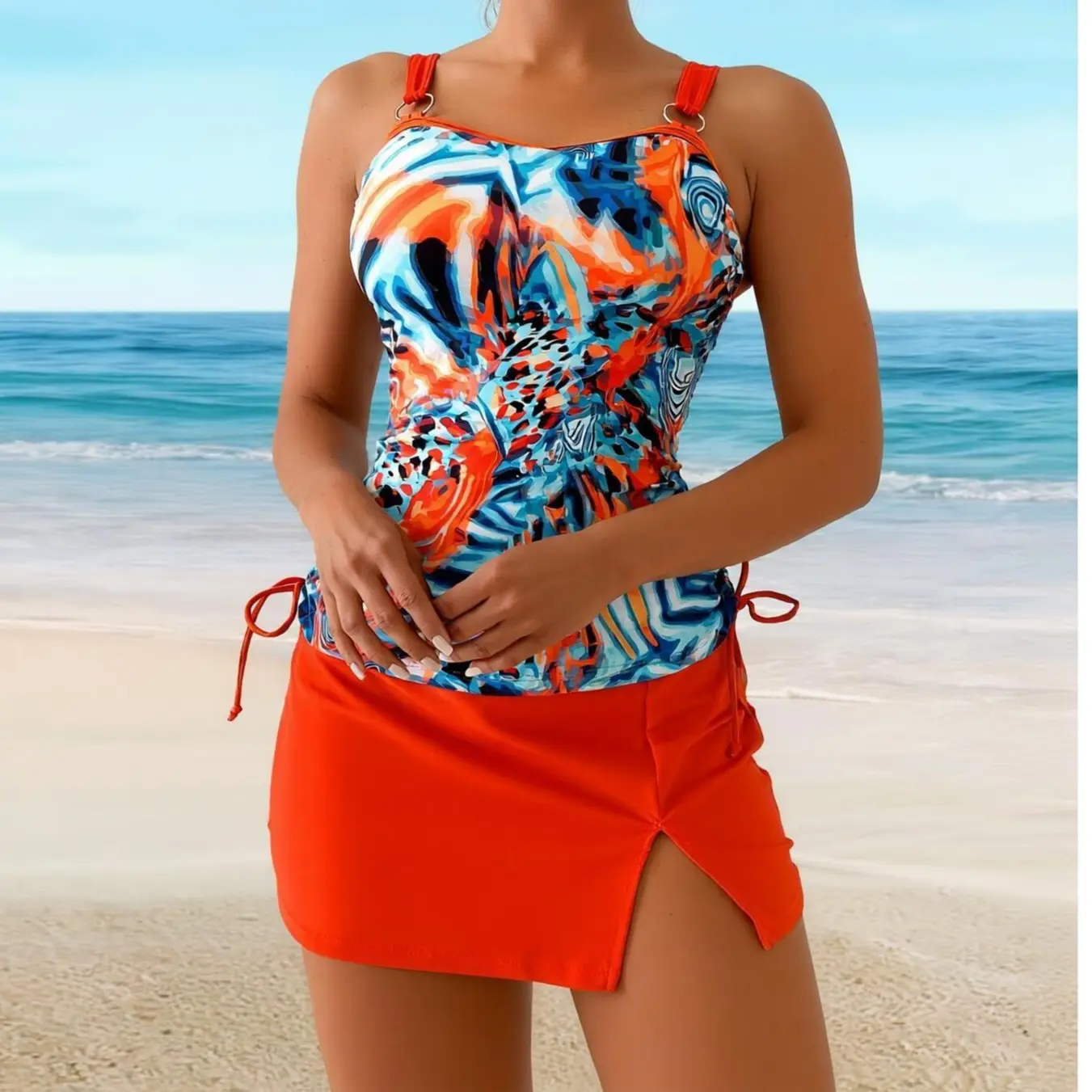 Women's 2026 Summer Vibrant Abstract Print Swim Dress - High-waisted Skirt with Side Slit, Tummy Control, Adjustable Straps, Side Drawstrings, Full-coverage Swimwear for Beach Vacations, Pool Parties Hanging Hook Punch Free Organizer