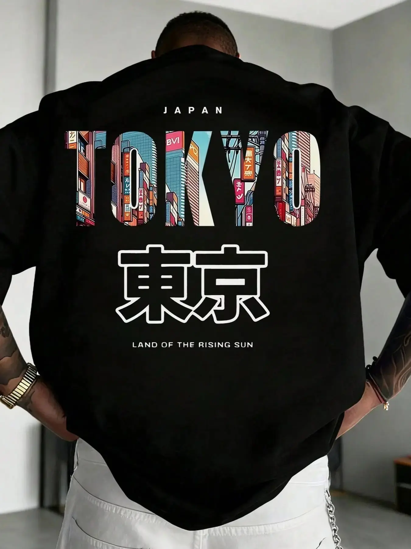 Men's Graphic T-Shirt with Retro Tokyo Cityscape Print, Classic Round Neck Oversized Streetwear Top in 100% Soft Cotton, Tshirt, Fabric, Long Sleeve, Unisex, Casual Fit, Cold Wash, Anime Cityscape Graphic, Digital Print, Do Not Dry Clean
