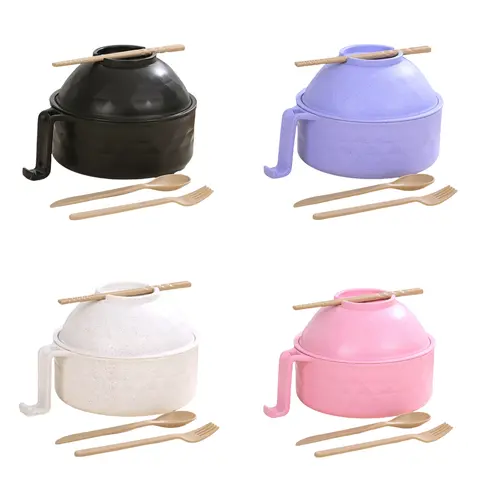 Porcelain Ramen Bowl 6-Part Meal Set with Plaid Design, Chopsticks, Spoon & Cover - BPA-Free Round PP Plastic Tableware, Phone-Hold Handle, Microwave-Safe Instant Noodle Cooker, Dishwasher-Safe for College Dorms (1-5 People)