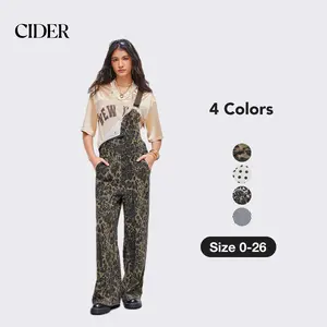 Cider Women's Oversized Denim Leopard Buckle Up Wide Leg Jumpsuit with Side Pocket, Adjustable Strap Overalls, Workwear Denim Overalls for Women, Lady Stretchy Adjustable Waist Overalls, Streetwear Denim Jumpsuit with Pockets, Ladies Casual Denim Overalls
