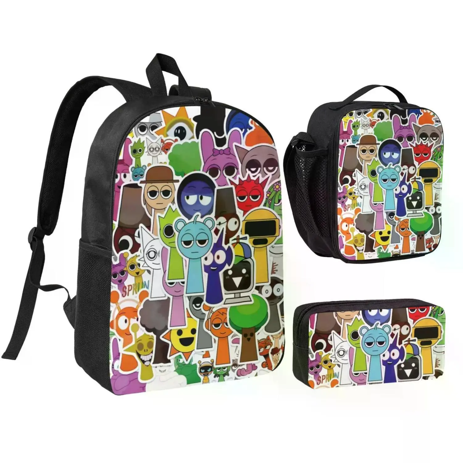 3pcs Sprunki Backpack Set for All Ages - Sprunki Plush Laptop School Bag with Insulated Lunch Bag & Pencil Pouch, Portable Daypack for Teens, Students & Office Workers, Popular Sprunki Toys