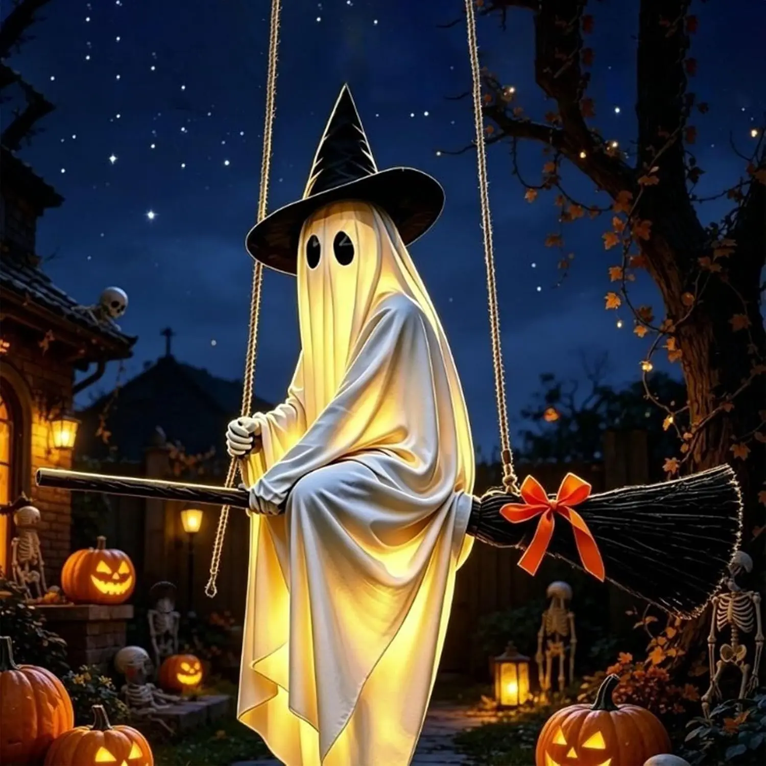 Halloween Decorations Lighted Hanging Ghost Ornament On Broomstick, 5FT Large Hanging Flying Ghost Halloween Decor with Witch Broom for Lawn Patio Porch Backyard Front Yard House