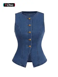 Women's Buttoned Denim Vest, Sleeveless Round Neck Backless Top, Fashion Versatile Casual Wear, Stylish Daily