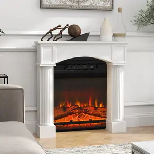 White Modern Freestanding Fireplace Mantel Surround - 43.3" W x 39.8" H Wooden Frame, Compatible with 18"-24" Electric Fireplace Inserts, Firebox Cover for Living Room & Bedroom Furniture Decor