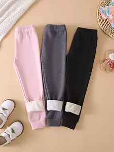 3-piece set of girls' solid color warm and simple pants, casual and versatile, suitable for autumn and winter seasons, machine washable and dry cleanable, girls' pants, Elastic Waisted Pants