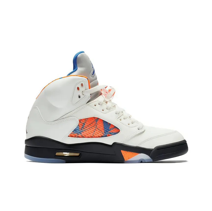 Viral off white orange blue retro high-top sneakers, off-white smooth leather with orange blue graffiti mesh, air cushion, bright colorful popular street sneaker.