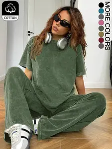 Women's Casual Loose-Fit Two-Piece Set, Acid-Washed Vintage Knitted Streetwear, Round Neck Short Sleeve T-Shirt + Wide Leg Pants, All Seasons Comfortable