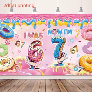 2D Flat 1PC Polyester Banner, Donut Themed 7th Birthday Design, Featuring Candy Elements & "I WAS 6 NOW I’M 7" Lettering, Sweet Cartoon Style, Indoor and Outdoor Use, Ideal for Kids Birthday Parties, Dessert Themed Events, Photo Background