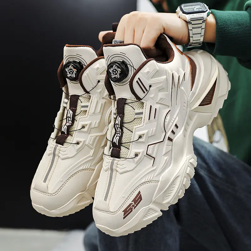 Men's Chunky Sneakers Rotating Buckle Quick Lace Walking Shoes Shock Absorbing Non Slip Fashion Athletic Trainers for Daily Outdoor Streetwear