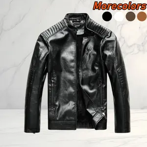 Men's Classic Stand-Collar Leather Coat - New Winter Menswear Tops with Fleece Lining, Zippered Pockets, Distinctive Texture, Simple Design for Fashionable Men, Father's Day Gift
