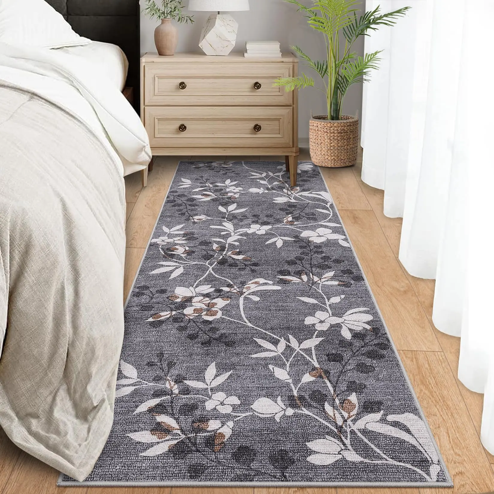 Washable Kitchen Runner Rug 2x6 Hallway Runners Non Slip Floral Runners for Bathroom Laundry Low Pile Modern Floor Carpet with Leaf Flower Print for Bedside Entryway, Grey