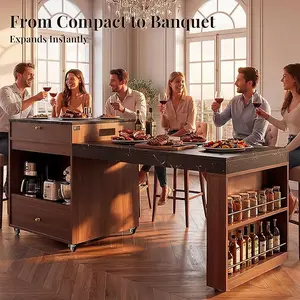 OMCHOM 78.8" Rolling Kitchen Island with 3-Stage Extendable Dining Table (Seats 6-8), Built-in Power Outlet, Ample Storage Drawers & Cabinets, Mobile on Wheels - High-Density MDF,Easy Assembly（Walnut）– Easy to Assemble, Built to Last