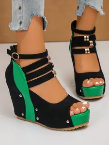 Women's Summer Fish Mouth Wedge Heels, Ankle Strap Design, Roman High Heel Style, Colorful Thick Sole Shoes, Perfect for Daily Parties, Elegant
