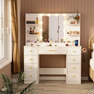 Dresser with Mirror, 3-Color Adjustable LED Lights & Power Outlets Makeup Vanity with 9 Drawers & 6 Storage Shelves For Bedroom & Dressing Room (White)