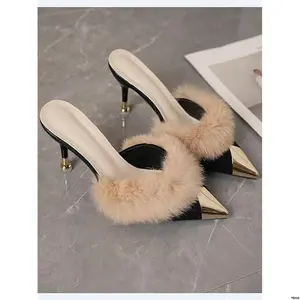 Winter On FashionClosedToePointedToeThinHeelsBlackMulesSlip sSolidColorHighHeelSlideSandalsWithMetalToeFuzzyDecor Women SweetStyle - Autumn