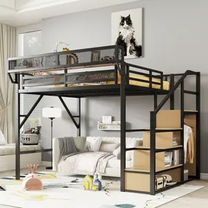 Queen-size loft  with stairs, metal queen-size loft  with storage shelves, high loft  with wardrobe, suitable for children, teens, and adults Modern Foam Sofa Bed compression Corduroy